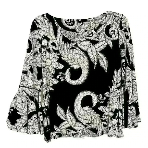 Eva Varro black/white tunic sz S,3/4 Flowy bottom sleeve, stunning peacock print - Picture 1 of 7